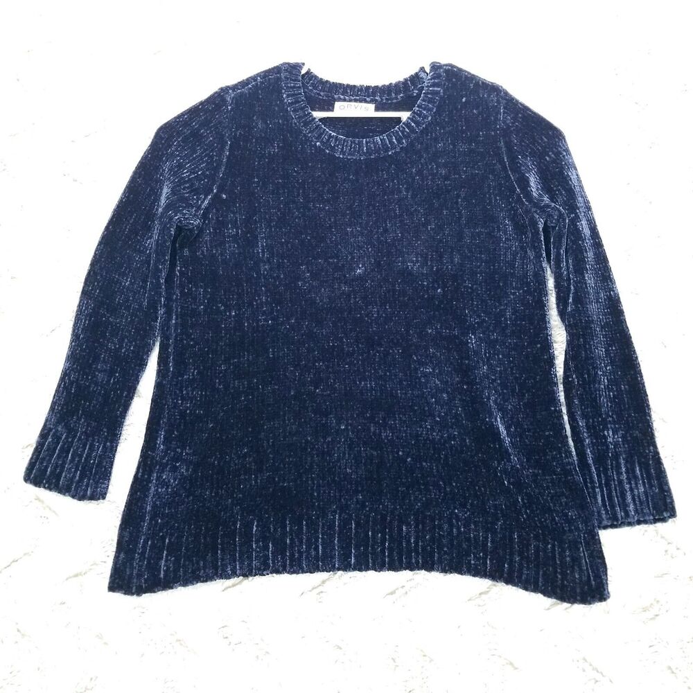 Orvis Chenille Pullover Sweater Dark Blue Velvet Crew‎ Neck Womens Size M